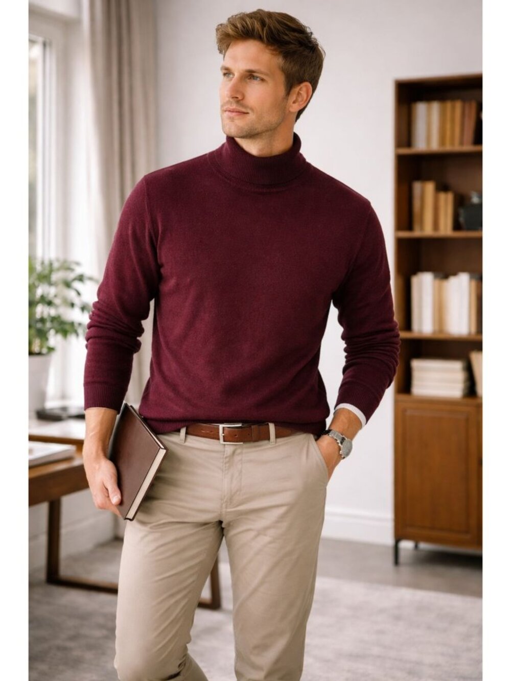 Anthology  Men’s Mock Neck Silk Sweater Burgundy Long Sleeve Pullover Preppy Aca